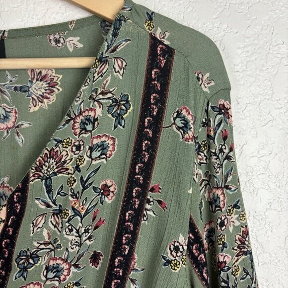 Angie Floral Boho Plunge Neck Blouse Olive Green Small Cottagecore Smocked Fall - Picture 2 of 10